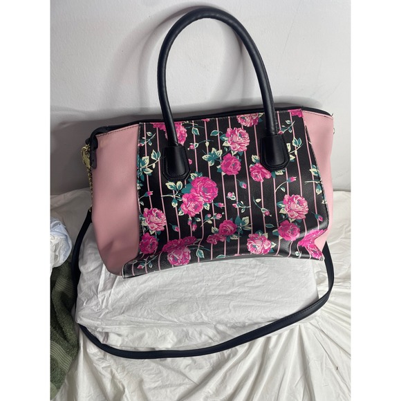 Betsey Johnson Satchel Bag Pink Black Floral Print Top Handle Crossbody Charm - Picture 8 of 12